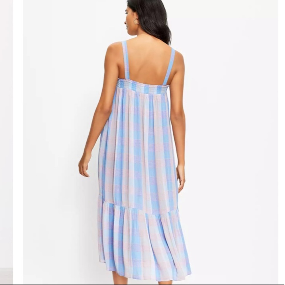 NWT LOFT Women's Plaid Smocked Pocket Midi Dress - Sky Blue Multi - Picture 3 of 3